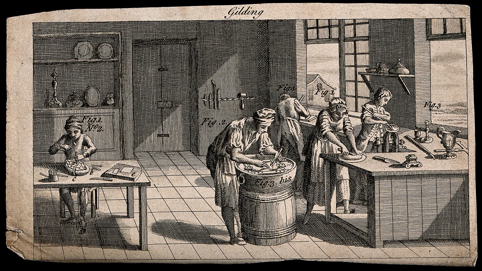 An old engraving titled Gilding: craftsmen at benches and a barrel, working on dishes and cups in a tiled workshop