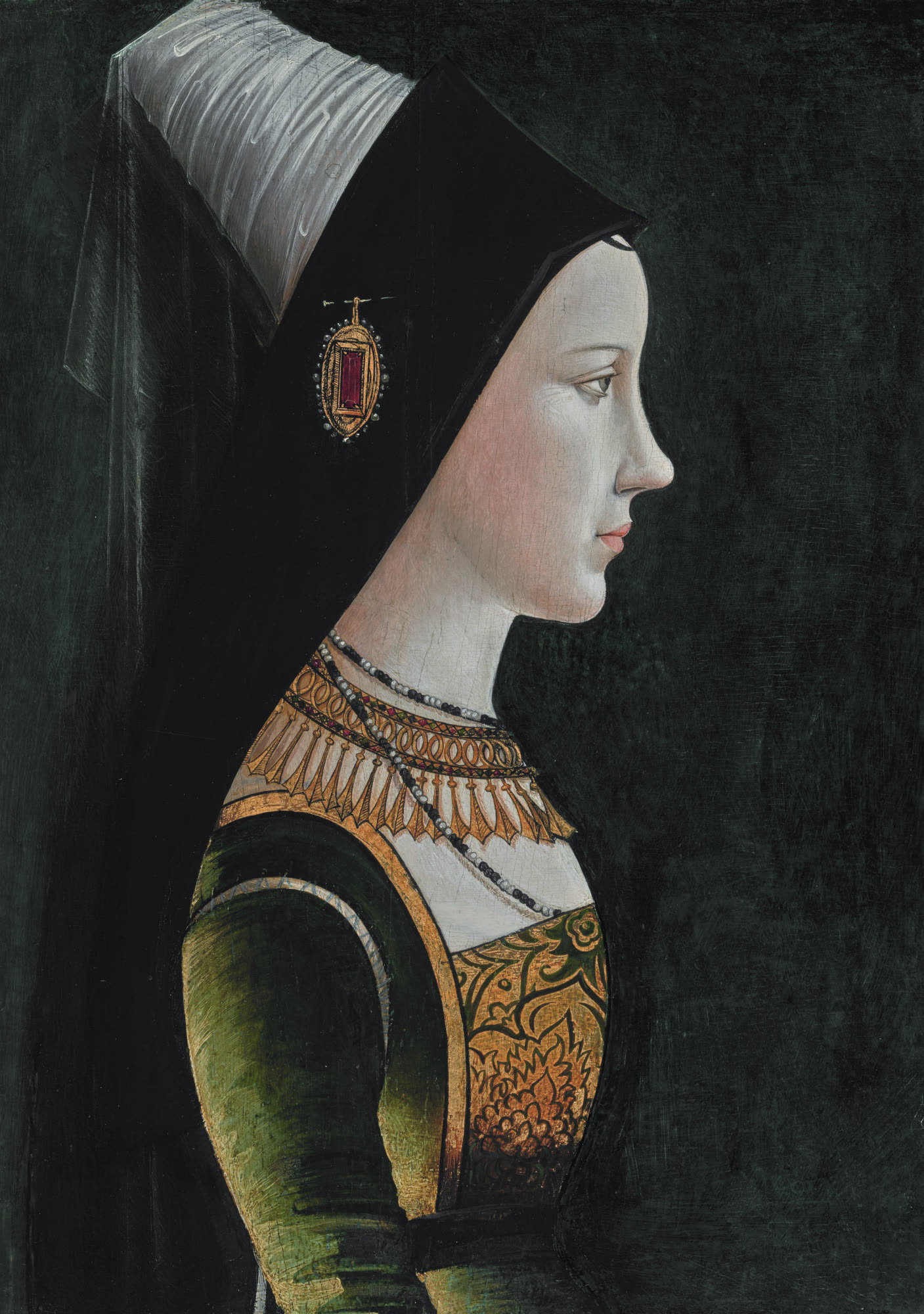 A fifteenth-century portrait of a young woman in a dark dress and tall pointed headdress, hands folded