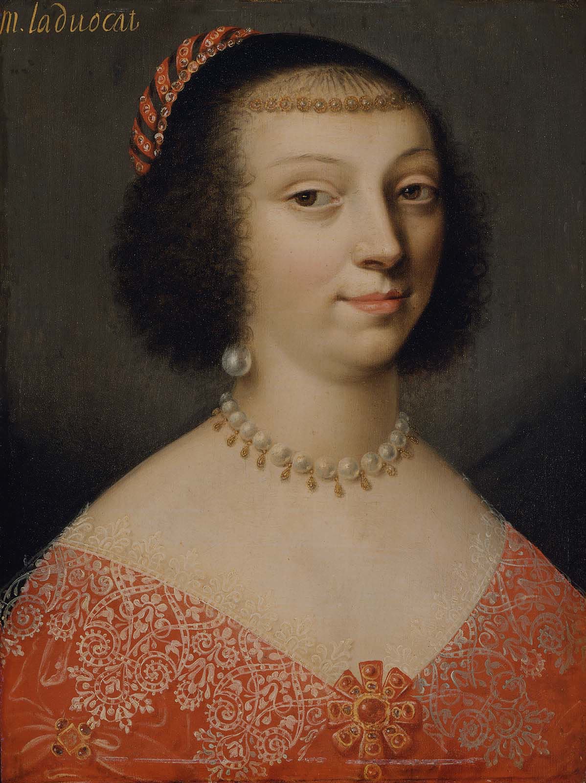 Detail of a seventeenth-century portrait of a woman wearing pearls