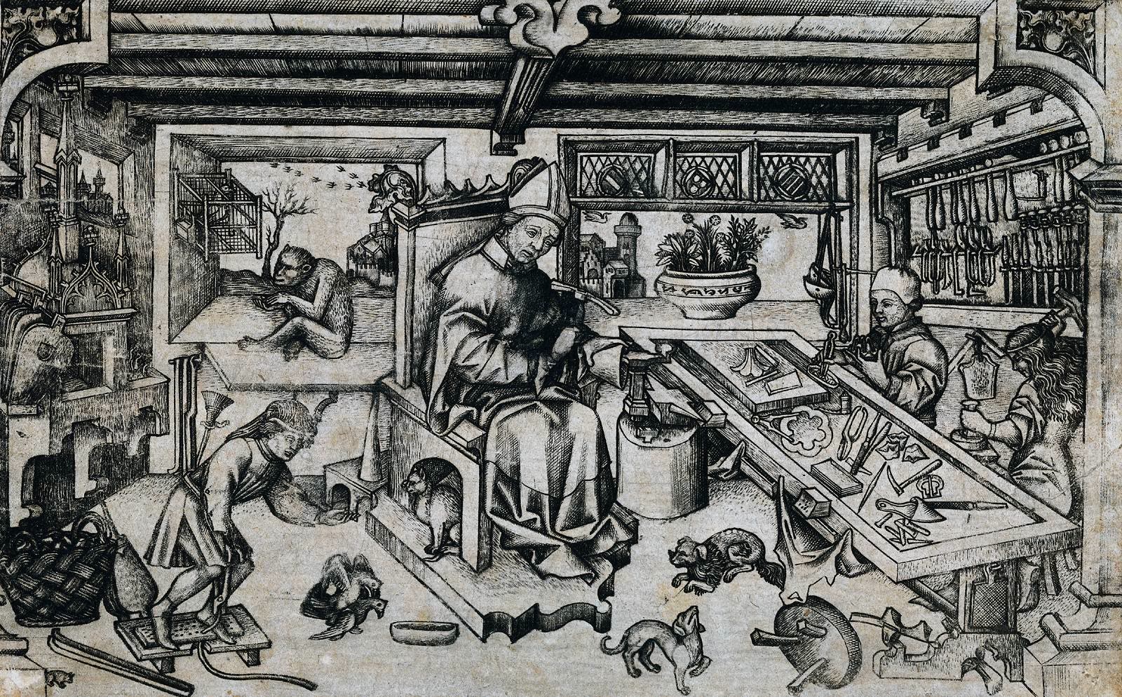 A fifteenth-century engraving of a goldsmith’s workshop, crowded with apprentices, tools and animals